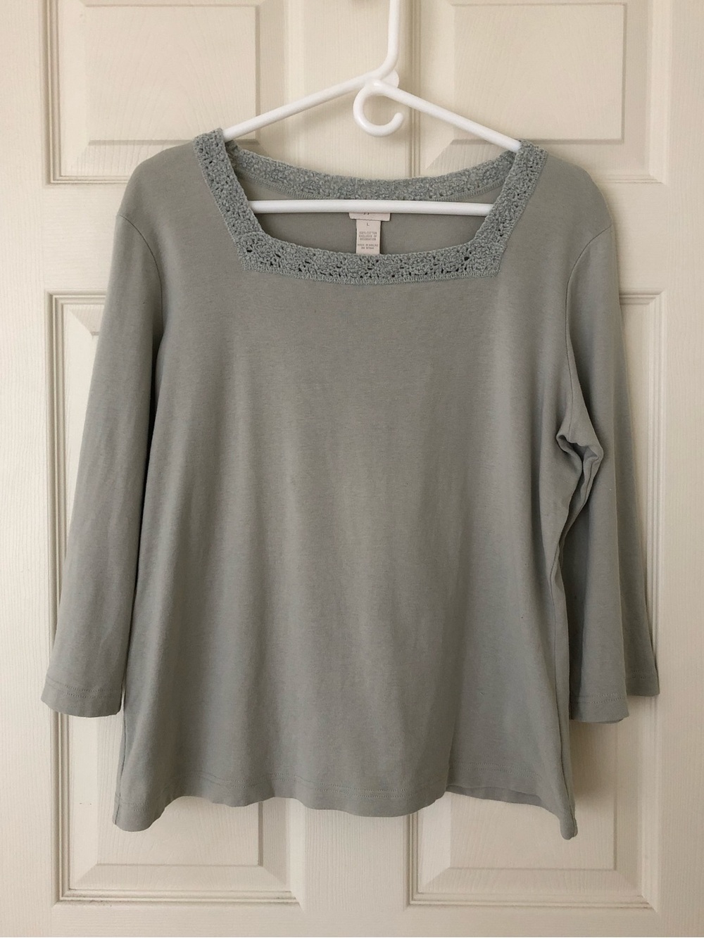 J. Jill 3/4 Sleeve Top Square Neck Chenille Lace Trim Light Green Size Large